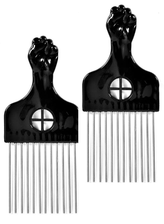2 Pack Black Metal Afro Pick Combs for Curly Hair - Detangle & Style Comb for Women and Men, Durable Plastic & Metal, Fist Design for Hair Styling, Perfect for Wigs - Image 1